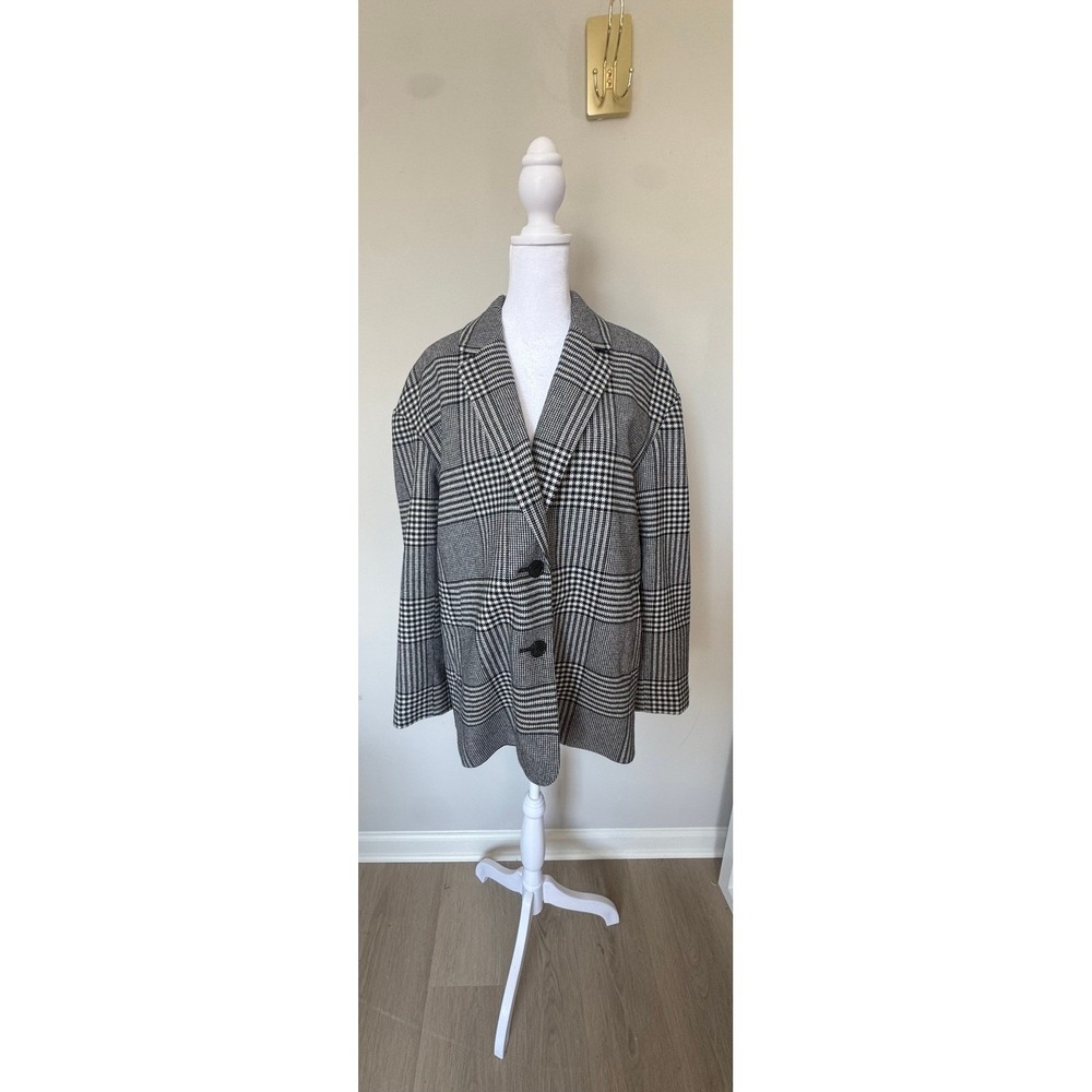 Madewell Caldwell Blazer Glen Plaid Wool Blend Black White Check Jacket Large